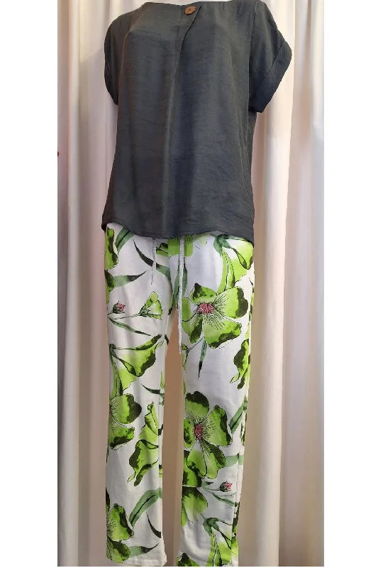 Italian Stretch Pants - White with Green Flowers Elegant Wool Trousers