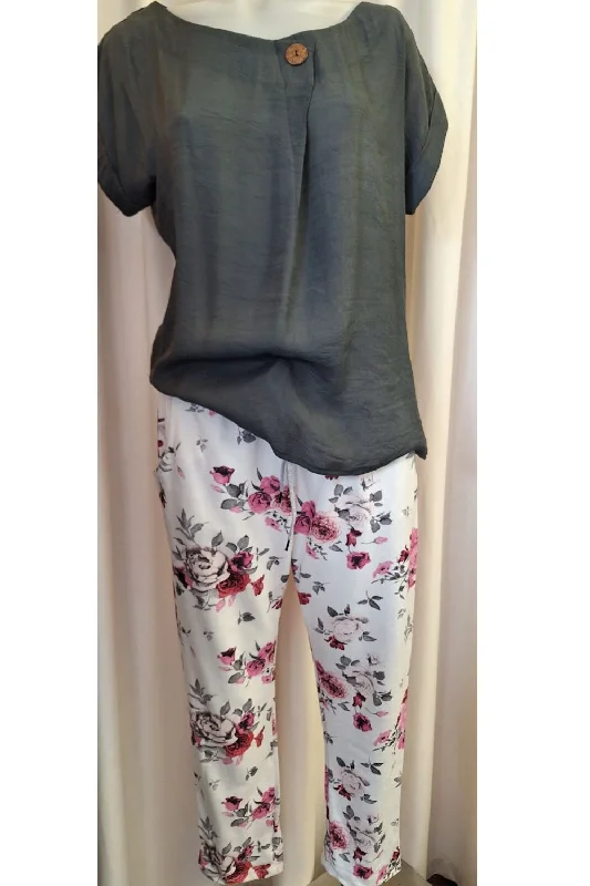 Italian Stretch Pants - White with Pink Roses Wide-Legged Palazzos