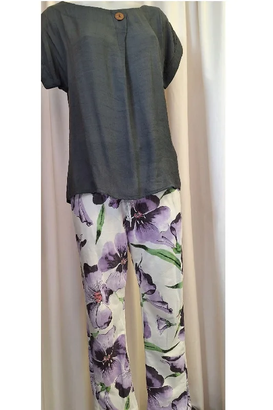 Italian Stretch Pants - White with Purple Flowers Relaxed Lounge Trousers