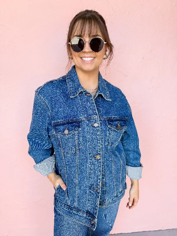 Bandera Oversized Denim Jacket-Dark Denim Zippered Jacket Buttoned Jacket Snapped Jacket