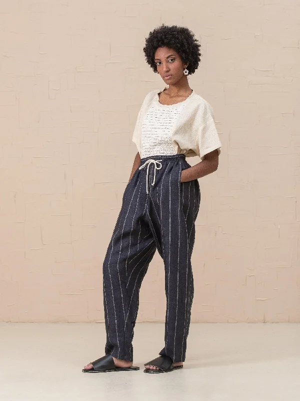 Linna Straight Pull-On Striped Linen Pants Formal Dress Pants