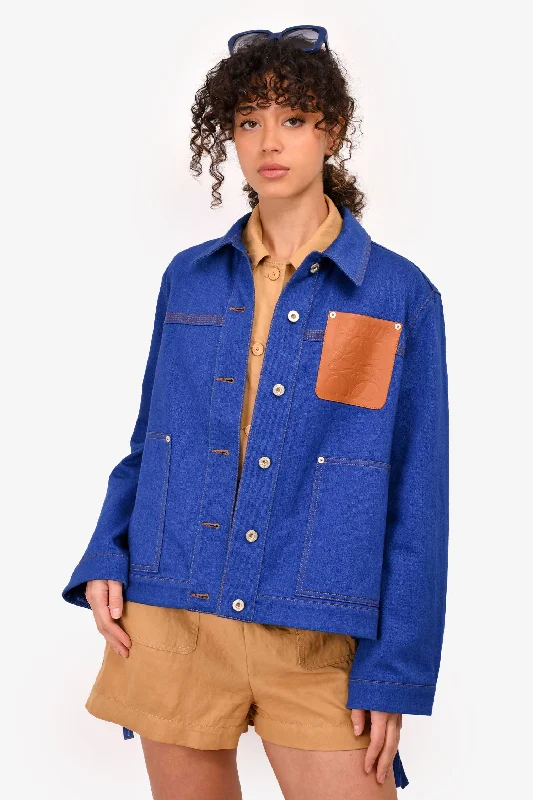 Loewe Blue Denim Logo Leather Patched Jacket Size 36 Herringbone Jacket Checkered Jacket Solid Jacket