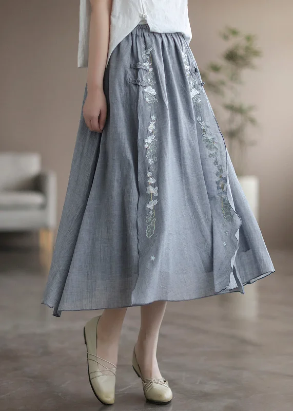 Loose Grey Embroideried Elastic Waist Patchwork Linen Skirt Fall high slit skirt