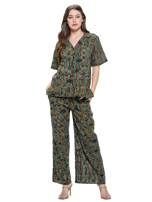 Lounging Pants Mushroom Print Striped Chic Slim Fit Pants