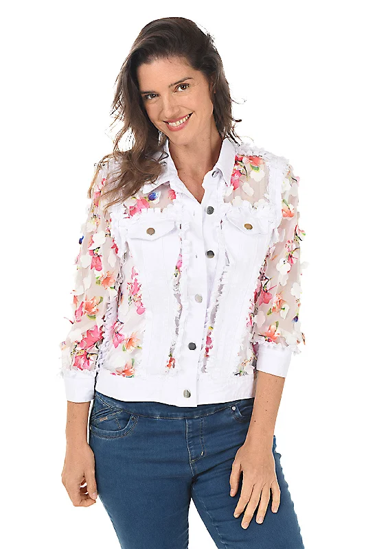 Flower Petal Sheer Distressed Denim Jacket Jacket Blazer Coat