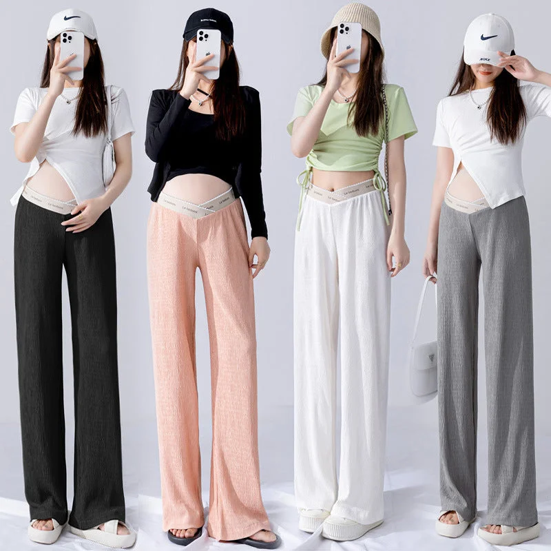 NiDELL Maternity Pants . Summer New Low Waist Maternity Wide Leg Pants Pleated Loose Drooping Straight-Leg Pants Casual Texture Pants Formal Stretch Pants