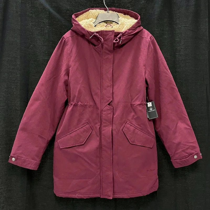 NWT Wmns VOLCOM Burgundy Sherpa Lined Walk On By 5K Canvas Jacket Sz S MSRP$140 Notch Collar Peter Pan Collar Cowl Neck