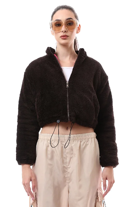 O174171 Burnt Brown Fur Short Jacket With Adjustable Trim Oversized Jacket Tailored Jacket Straight Jacket