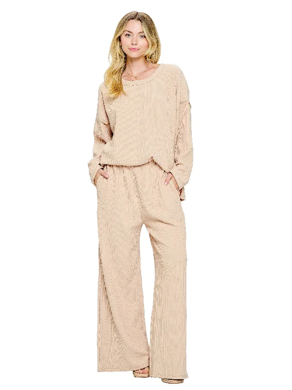 Pants Casual Easy Fit Wide Leg Ribbed Classic Pleated Pants