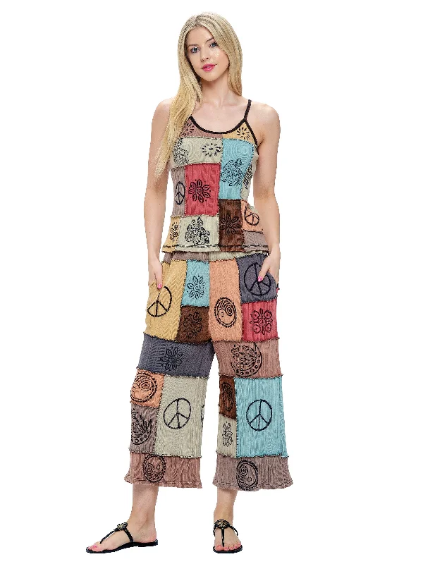 Pants Hippie Patchwork Multi Color Hand Printed Midi Stylish Casual Pants