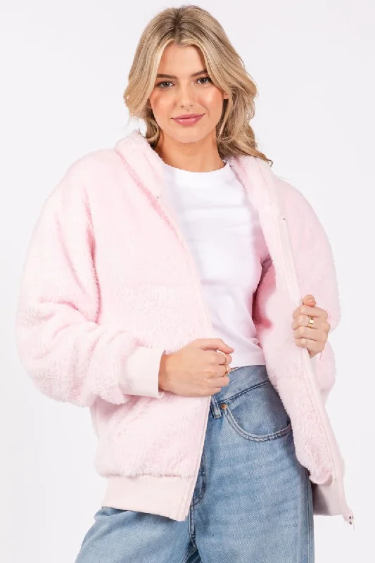 PINK FAUX TERRY FUR KANGAROO POCKET RELAX BOMBER HOODIE JACKET SO3462T Front Pockets Side Pockets Patch Pockets