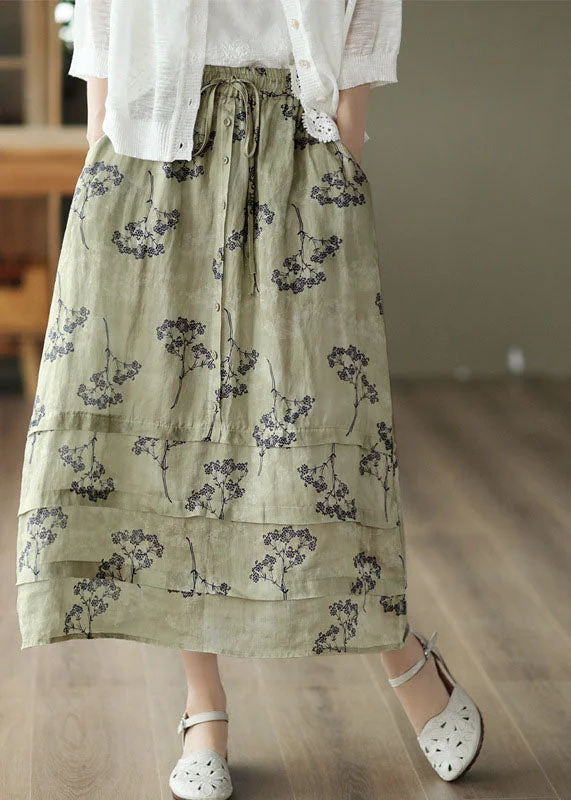 Plus Size Light Green High Waist Patchwork Print Linen Skirt Summer silk skirt sleek