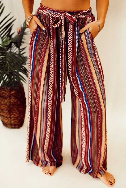 Red Boho Ethnic Striped Print Tie Waist Wide Leg Pants Soft Cotton Pants