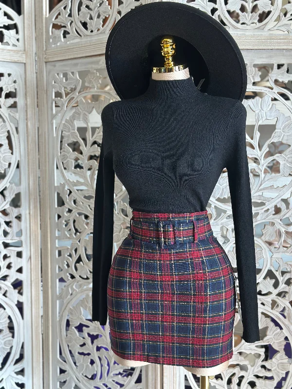 Red plaid Mini Skirt with Thick Belt leather skirt refined