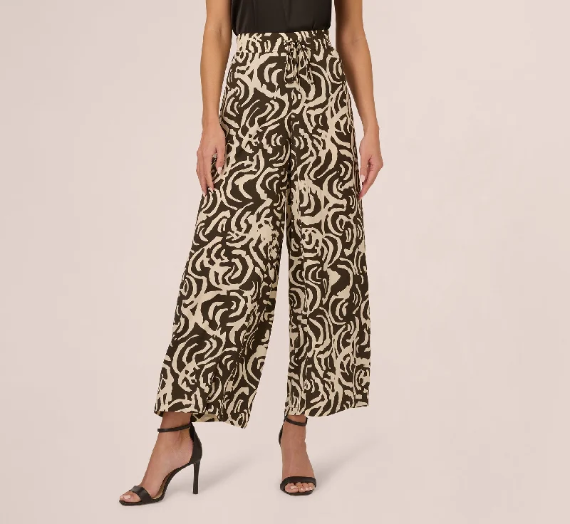 Tropical Floral Print Wide Leg Pants With Drawstring Waist In Chocolate Walnut Large Swirl Cozy Lounge Pants