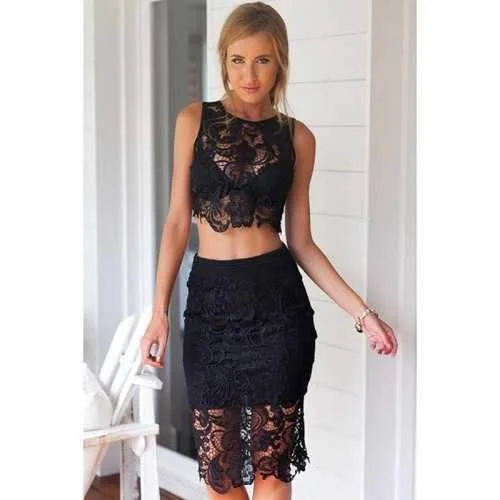 Sexy Style Jewel Neck Openwork Lace Sleeveless Tank Top + Solid Color Skirt For Women - Black Xl vintage skirt charm