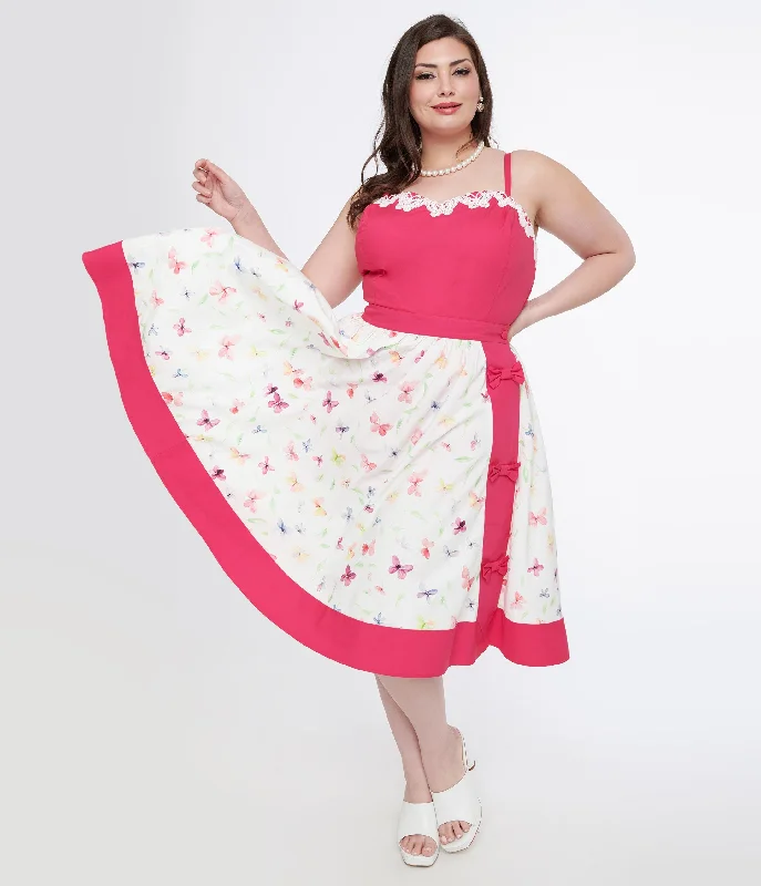 Unique Vintage Plus Size 1950s Hot Pink & White Butterfly Print Rye Swing Skirt satin skirt smooth