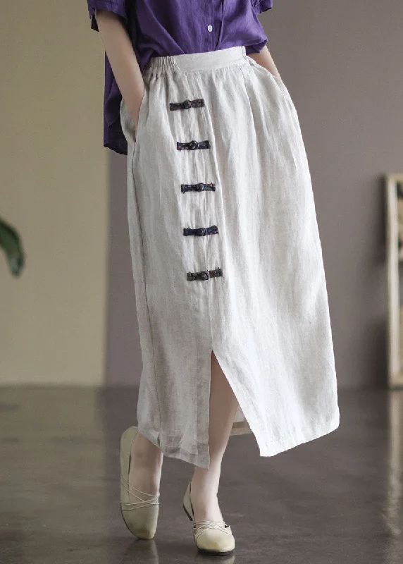 White Pockets Linen A Line Skirts High Waist Oriental Button Summer tulle skirt dreamy