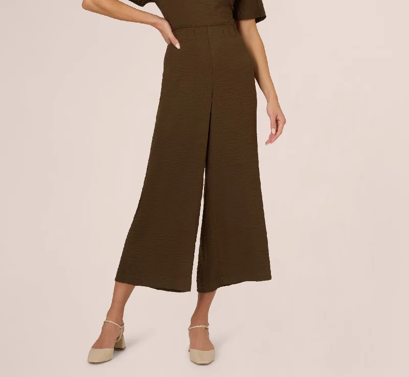 Wide Leg Crinkle Pull On Cropped Pant In Chocolate Walnut Fashionable Track Pants