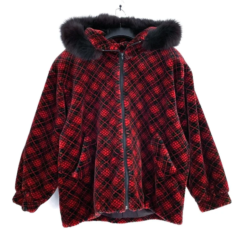 Wmns 80s Vintage HILLMOOR Red Plaid Faux & Genuine Fur Parka Jacket 50" Bust Hooded Jacket Caped Jacket Shawl Collar Jacket