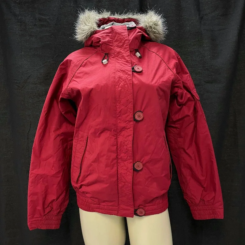 Wmns COLUMBIA Sportswear Dark Red Faux Fur Trim Hooded Winter Parka Jacket Sz S Front Pockets Side Pockets Patch Pockets