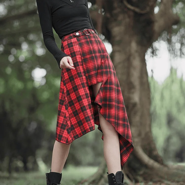 Women's Grunge High-waisted Red Plaid Irregular Skirt summer skirt style