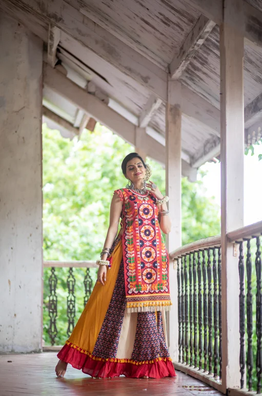 Women's Red Circular Treditional Embroidered Panel Top Paired With Multicolor Flairy Skirt - Mesmora Fashion linen skirt relaxed