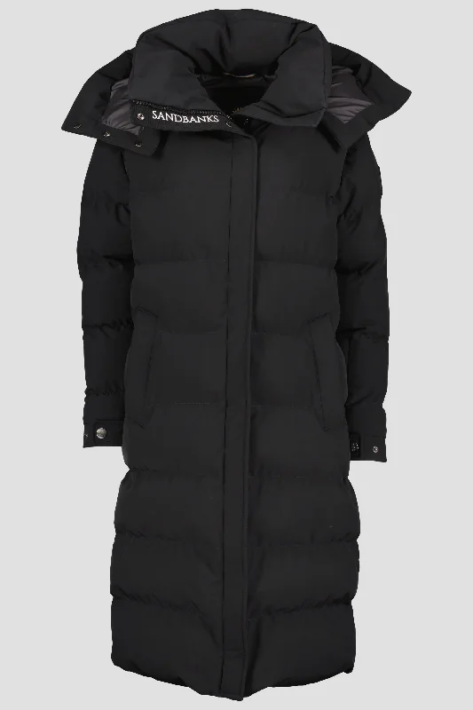 Women's Sandbanks Haven Black Long Puffer Jacket Hooded Jacket Caped Jacket Shawl Collar Jacket