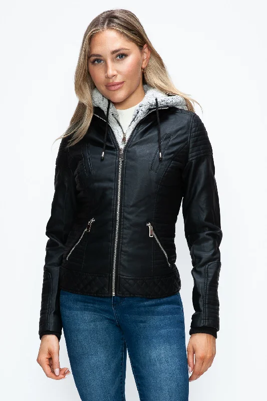 Faux Layered Double-Zipper Jacket with Fuzzy Hood Zippered Jacket Buttoned Jacket Snapped Jacket